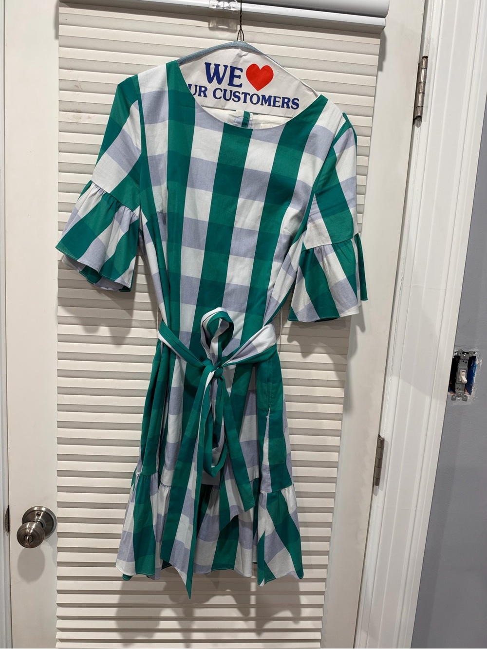 Green and White Gingham Tie-Waist Dress